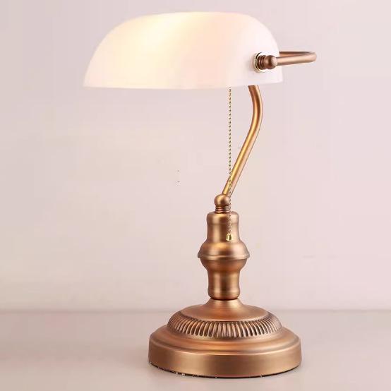 Retro American Green Glass Bedside Lamp, Antique Bronze Desk Lamp for Office or Bedroom Decor