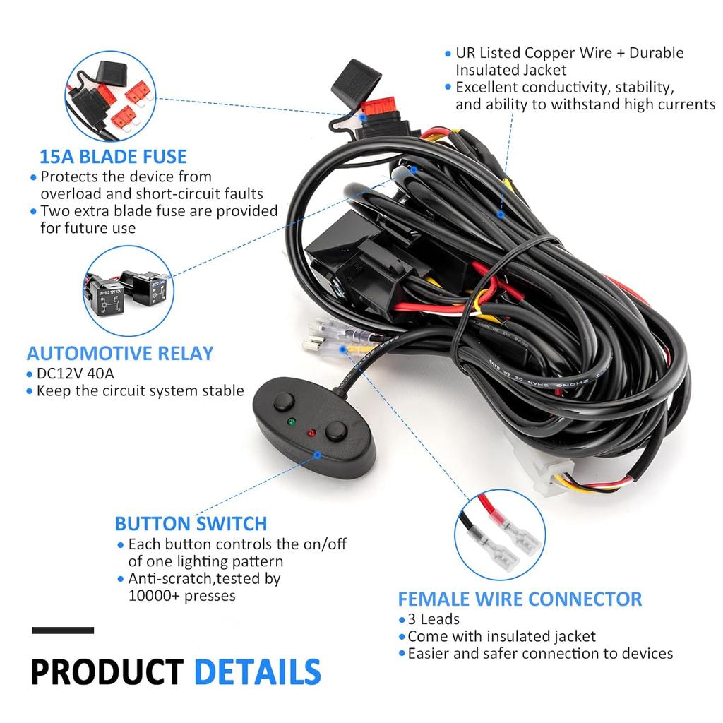 Wsays Dual Color Amber White Light Bar Wiring Harness Kit 2 Leads with Relay Push Button Switch Compatible with 12V Vehicles Truck, ATV, UTV,