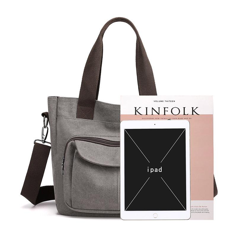 Canvas Tote Bag For Women With Zipper Pockets In Retro Style For Daily Use
