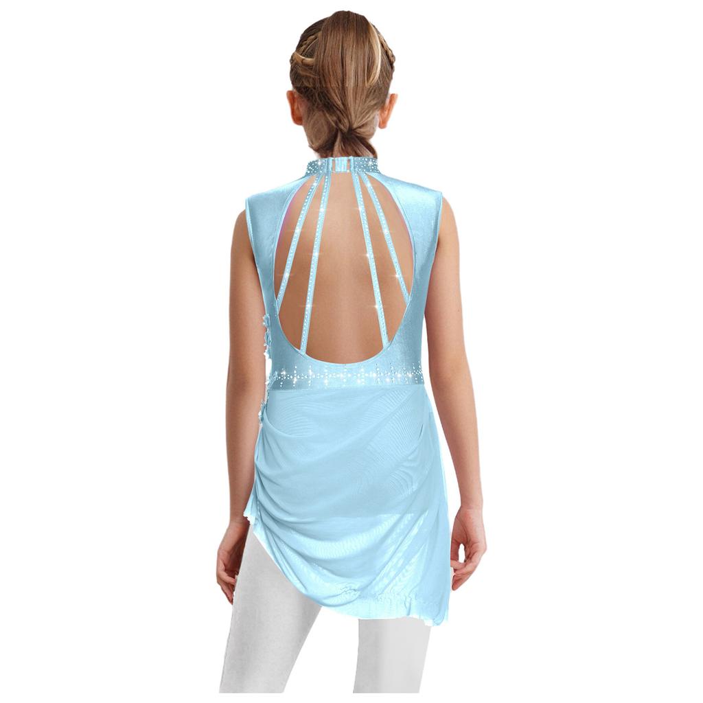 Girls Asymmetrical Skating Dress Sleeveless Backless Cutout Sheer Mesh Overlay Rhinestone Applique Competition Dance Costume