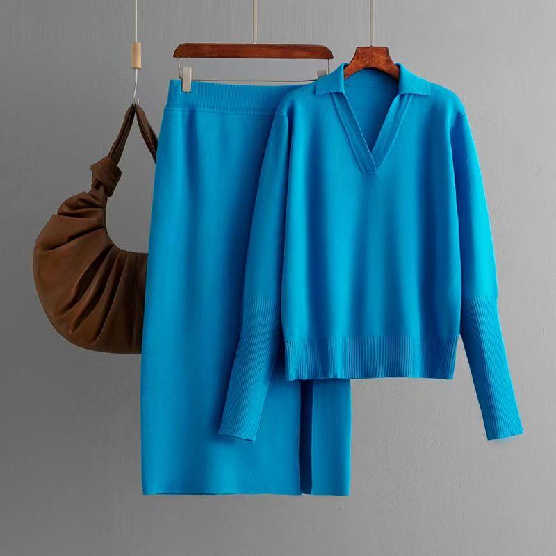 

Модный ветер Модный свободный трикотажный костюм Юбка Вязаный топ и юбка Костюмный набор Blue All yards