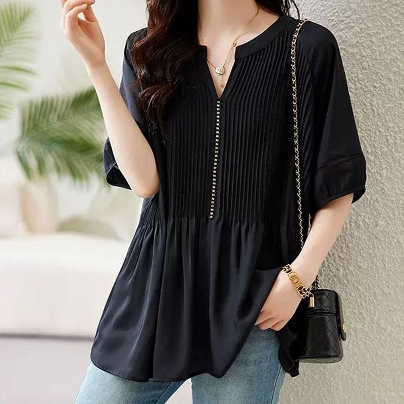 

Стильная плиссированная блузка с контрастными вставками, женская одежда, однотонная, повседневная, с коротким рукавом, летняя, с вырезами, элегантная рубашка с V-образным вырезом XXL чёрный