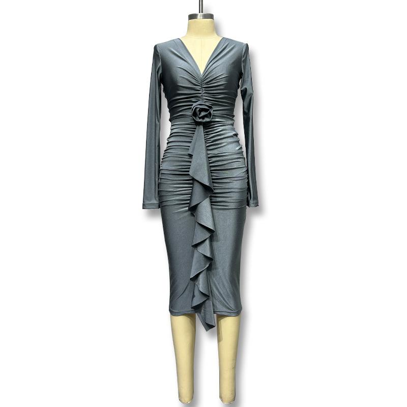 Women's Long Sleeve V-Neck Rose Wrap Dresses