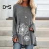 Women's Plus Size Tunic Top Dandelion Print Longline Shirt Crew Neck Long Sleeve Pullover Tee Casual Loose Fit Blouse for Work Daily Life