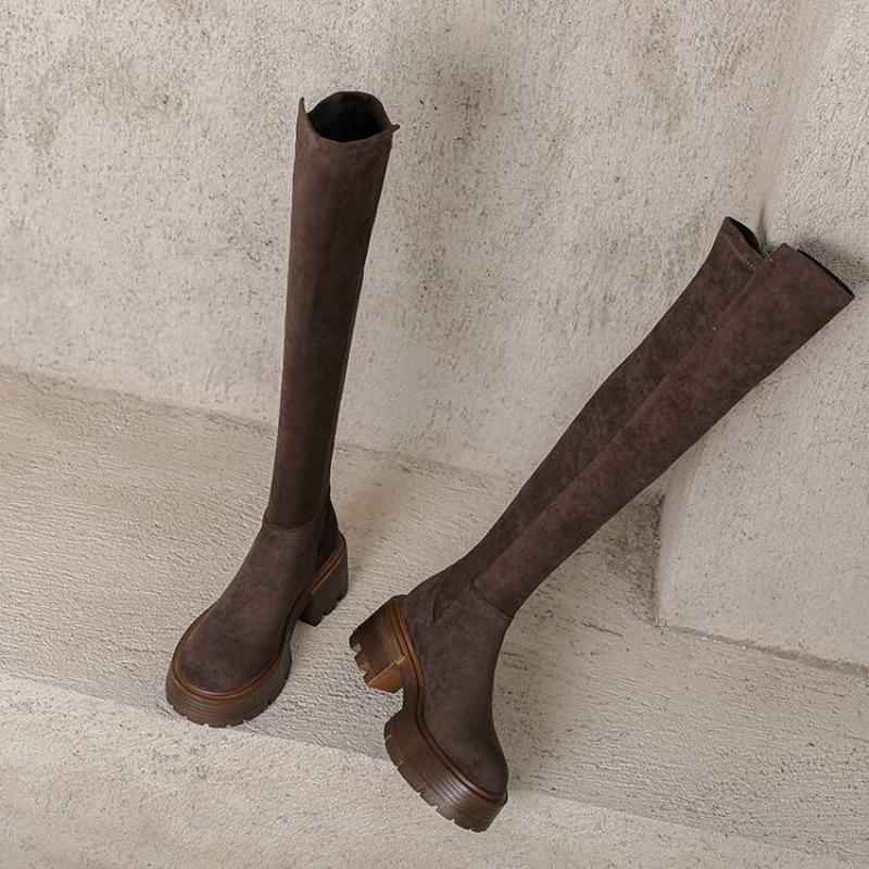 Herbst- und Winter-Wildleder-Stretch-Kniestiefel, neue hochhackige, dicksohlige, rutschfeste Damenstiefel mit runder Spitze, koreanische Version in großen Größen Marti