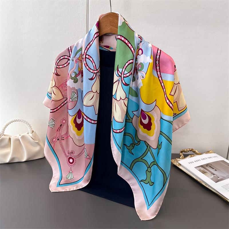 New cartoon emulated silk printed silk scarf shawl neck protection scarf decorative luxury women's scarf