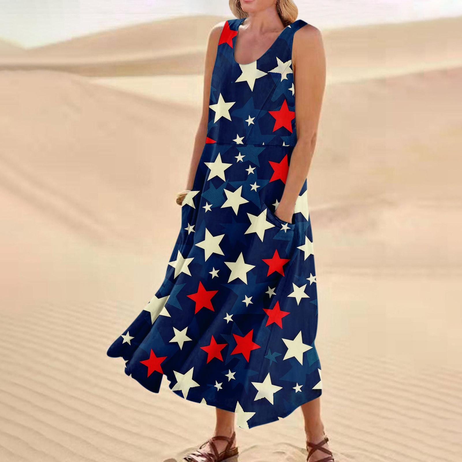 

Женское модное повседневное платье без рукавов с принтом «День независимости» из хлопка и льна с карманами M