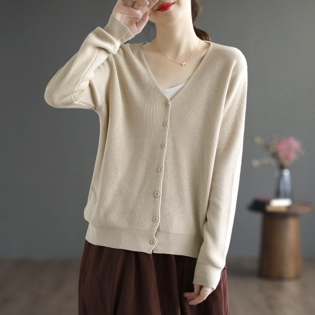 Loose Fashion Foreign Style Retro Long-sleeved Cardigan Women's Literary V-neck Solid Color Cotton Thread Knitted Jacket Women's Autumn and Winter