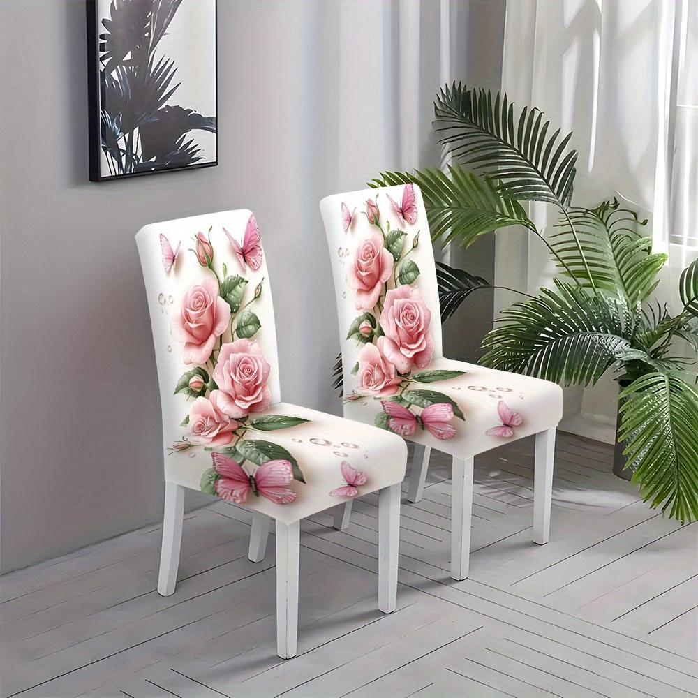 Romantische Roze Roos Vlinder Bloemen Stretch Eetkamerstoelhoezen Verwijderbaar Wasbaar Slipcovers 2 4 6 Stuks 6pcs chair cover