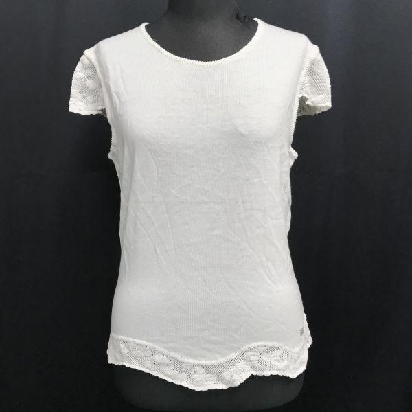 Japan Authorized Salvatore Ferragamo Rhinestone Short Sleeve Cutsew T-Shirt Women L White Lace Tops cBH719(USED)