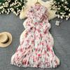 French Style Fancy Print Chiffon Dress Women's Ruffles Patchwork Waist-Slimming Slim Looking Elegant Elegance Pleated Dress
