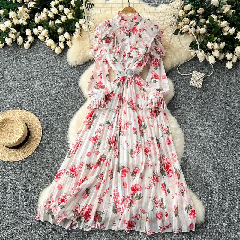 French Style Fancy Print Chiffon Dress Women's Ruffles Patchwork Waist-Slimming Slim Looking Elegant Elegance Pleated Dress