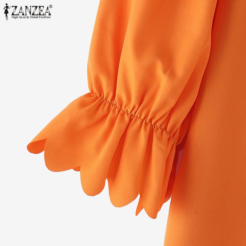 ZANZEA Women Summer Fashion Round Neck Wave Edge Lantern Short Sleeve Blouses