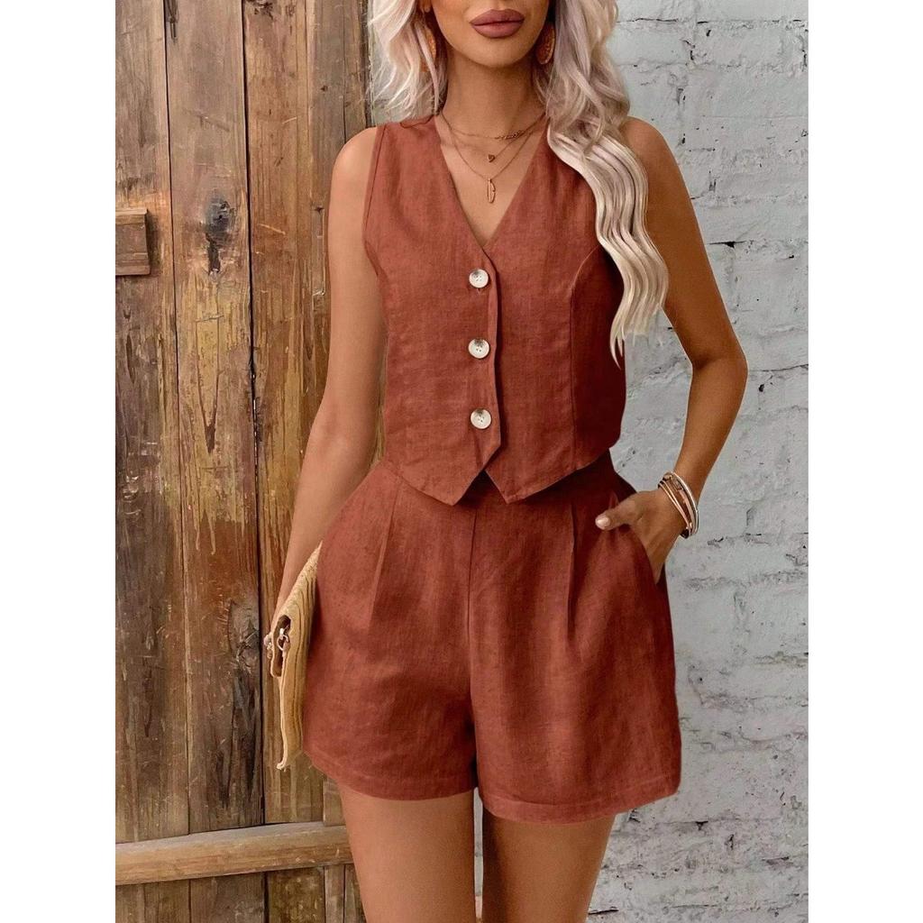 Two Piece Women's Sleeveless Plus Size Women's Solid Color Button Vest Set