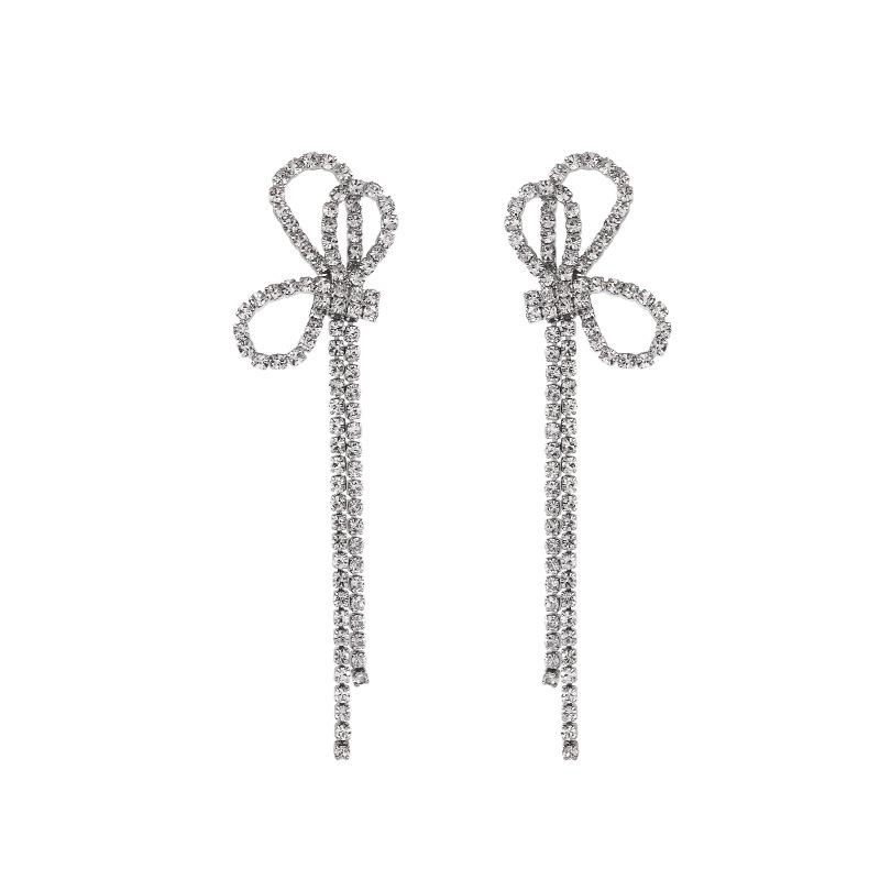 S925 Silver Needle Diamond Bow Tassel Earrings - Trendy Korean Fashion for Women