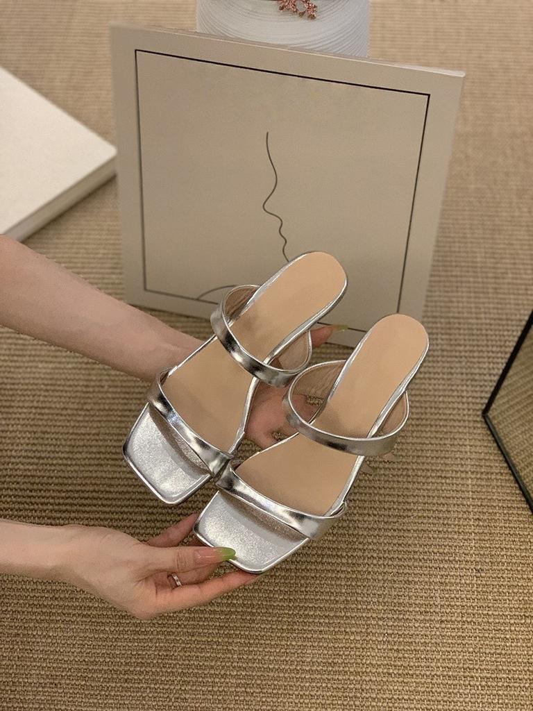 Wedge Heel Silver Simple One-word Slippers Women's Shoes Outer Wear 2025 Summer Low Heel Temperament with Skirt Sandals