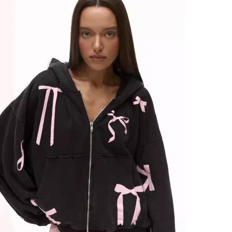 Felpe con cappuccio dolci Y2k con stampa fiocco da donna nere con zip felpe con cappuccio Harajuku Coquette larghe casual carine