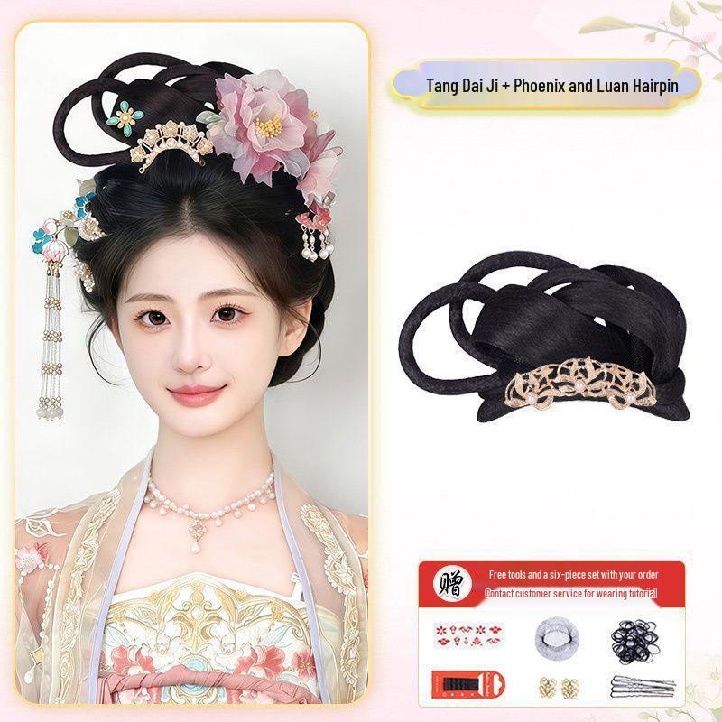 Hanfu Soft Bottom Wig with Tang & Ming Style Hair Bun Headdress for Performance