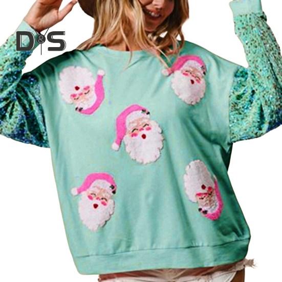 Women Christmas Sweatshirt Sequin Cartoon Pattern Round Neck Long Sleeve Loose Mid Length Pullover Party Holiday Top