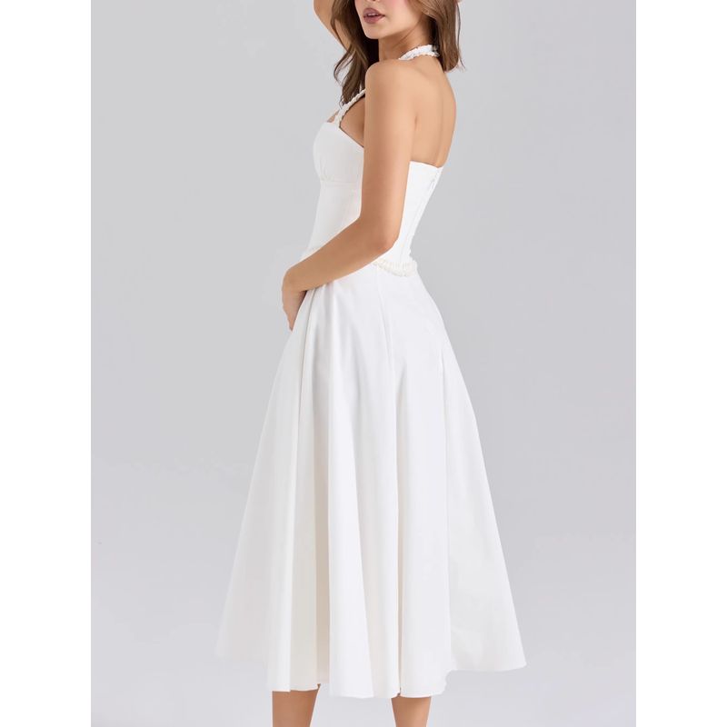 Sweet White Moonlight House Same Style French Style Sweet Romantic Lace Design Sense Elegant Hanging Neck Waist Hugging Dress