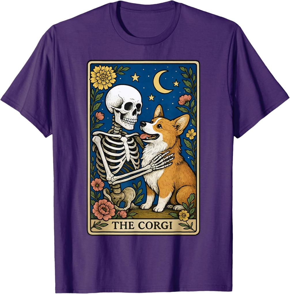 The Corgi Skeleton Tarot Card Graphic Print Cotton Round Neck Casual T-Shirt Men