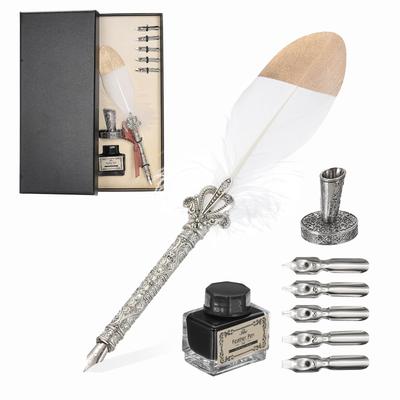 PATIKIL Feather Pen 1 Set Vintage Feather Calligraphy Pen Fountain Dip Pen Set with Ink and Pen Replacement Nibs for Beginner White Set, Holder,