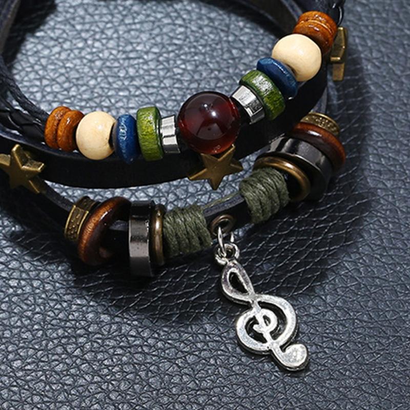 Multilayer Leather Bracelet Handmade Beaded Bracelet Musical Note Bracelet Vintage Hollow Star Bracelet (Multicolor)