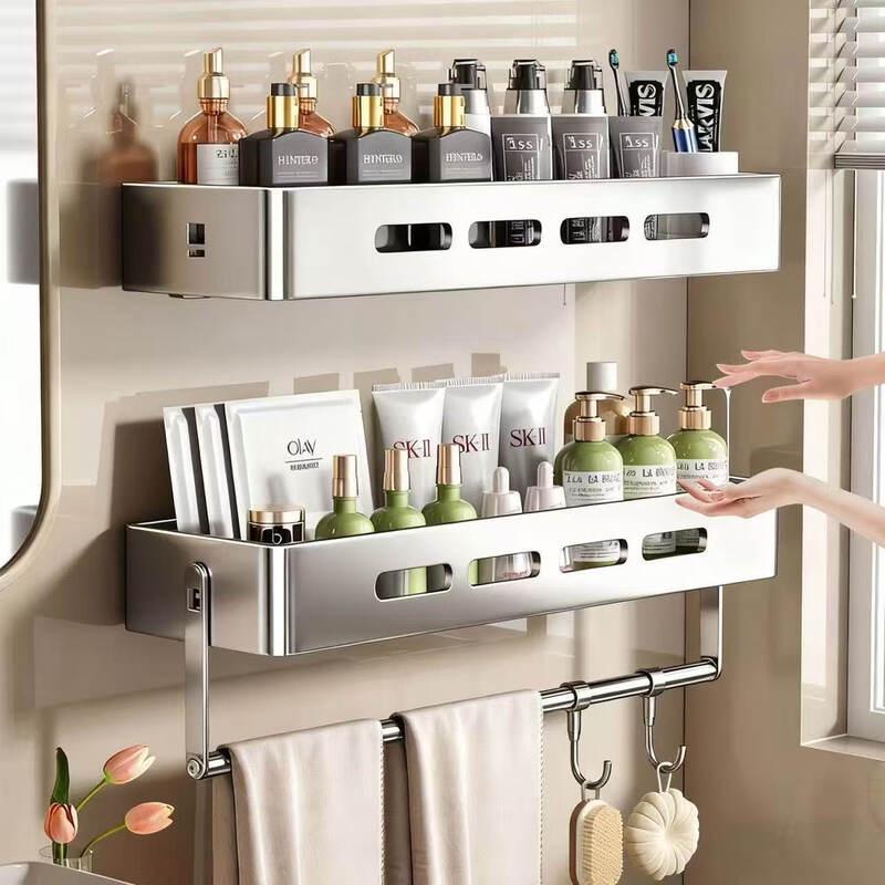 Stainless Steel Adhesive Wall-Mounted Bathroom Shelf