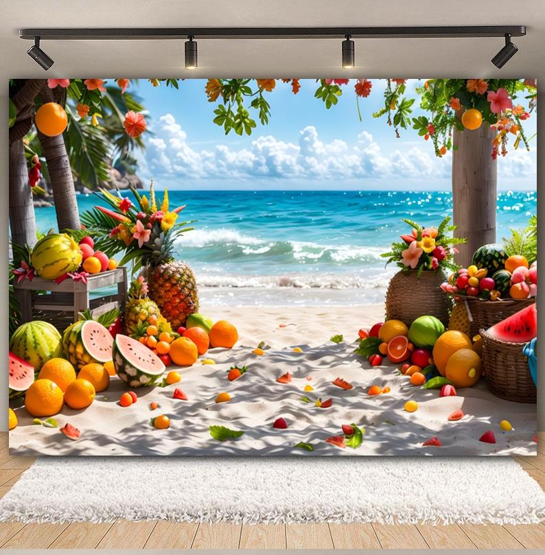 Summer Seaside Fruit Beach Palm Tree Theme Banner Background, Holiday Camping Party Decoration Photography Studio Backdrop Cloth