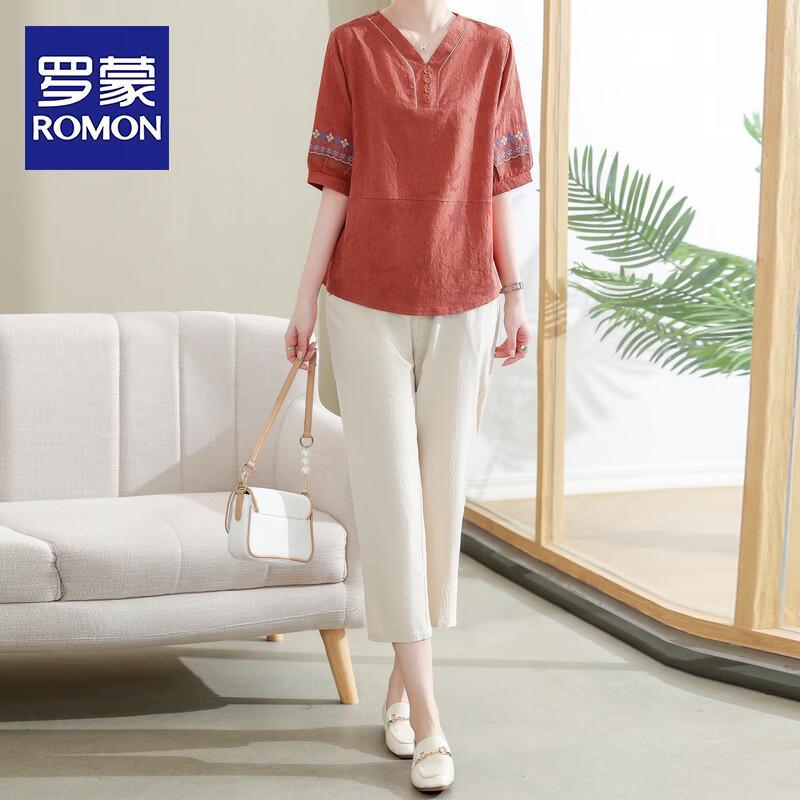 

ROMON Mid-Aged Women s Summer Casual Two-Piece Set 4XL