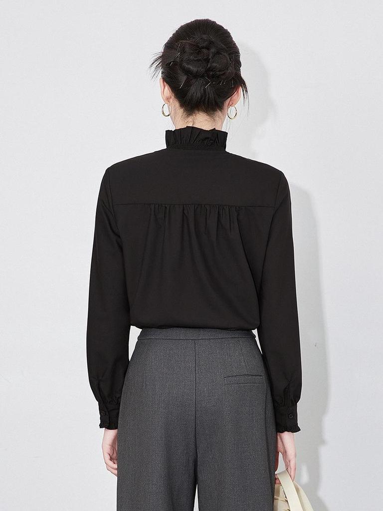 High-End Exquisite V-Neck Ruffle Edge Lace Sleeve Women's Autumn/Winter Top