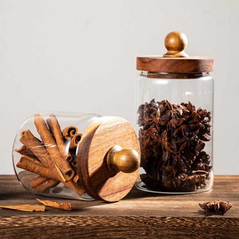 Glass Food Storage Jar with Wood Lid Airtight Sealed Clear Container for Coffee Beans Nuts Spice Candy Moisture-proof Storage
