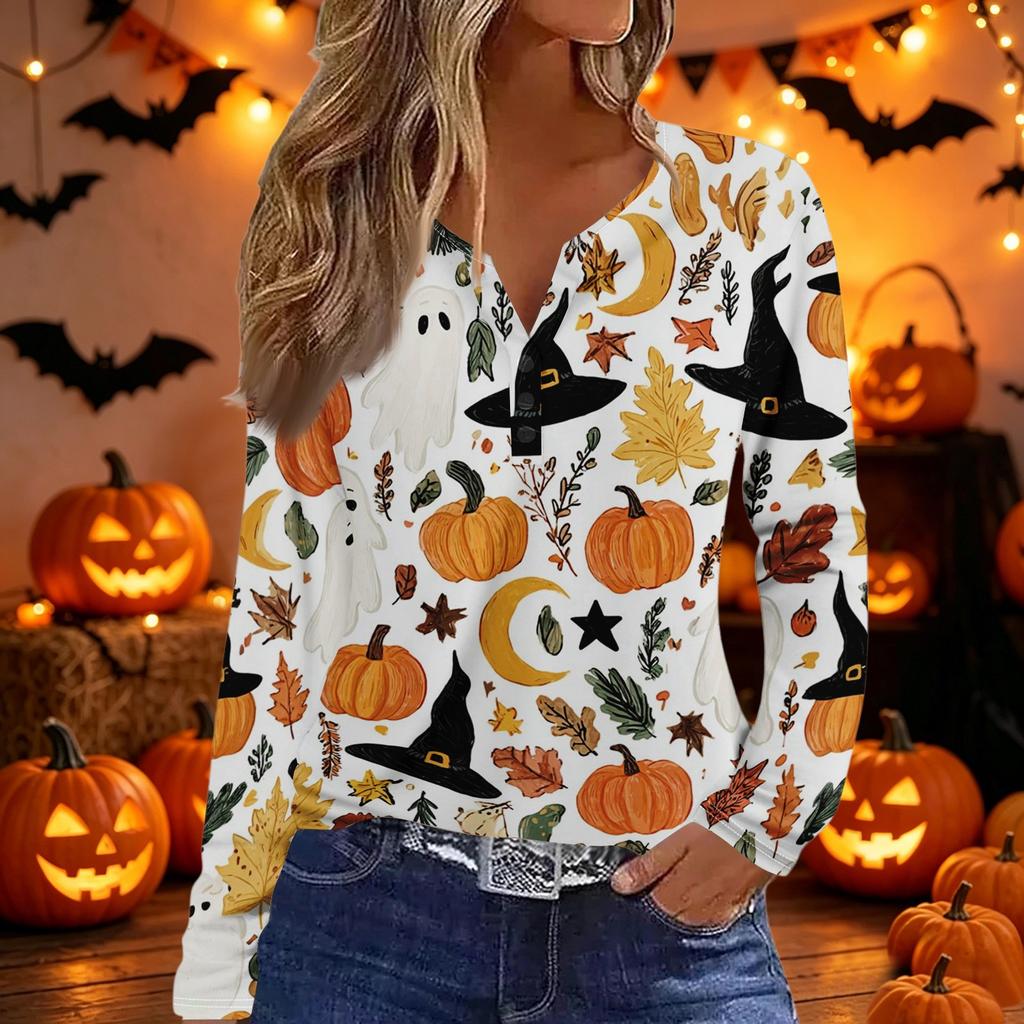 Damen Casual V-Ausschnitt Langarm T-Shirt mit dekorativen Knöpfen und Halloween-Thema Aufdruck für den täglichen Gebrauch