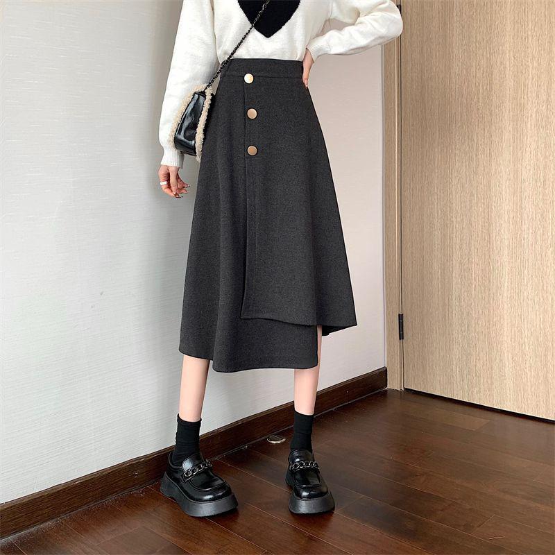 2025 Elegant Woolen A-Line Skirt: Irregular Hem, High Waist, Slimming Design for Women - Perfect for Autumn and Winter.