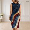 Women Plus Size V Neck Sleeveless Printed Bodycon Midi Dress Navy Blue Red Gold