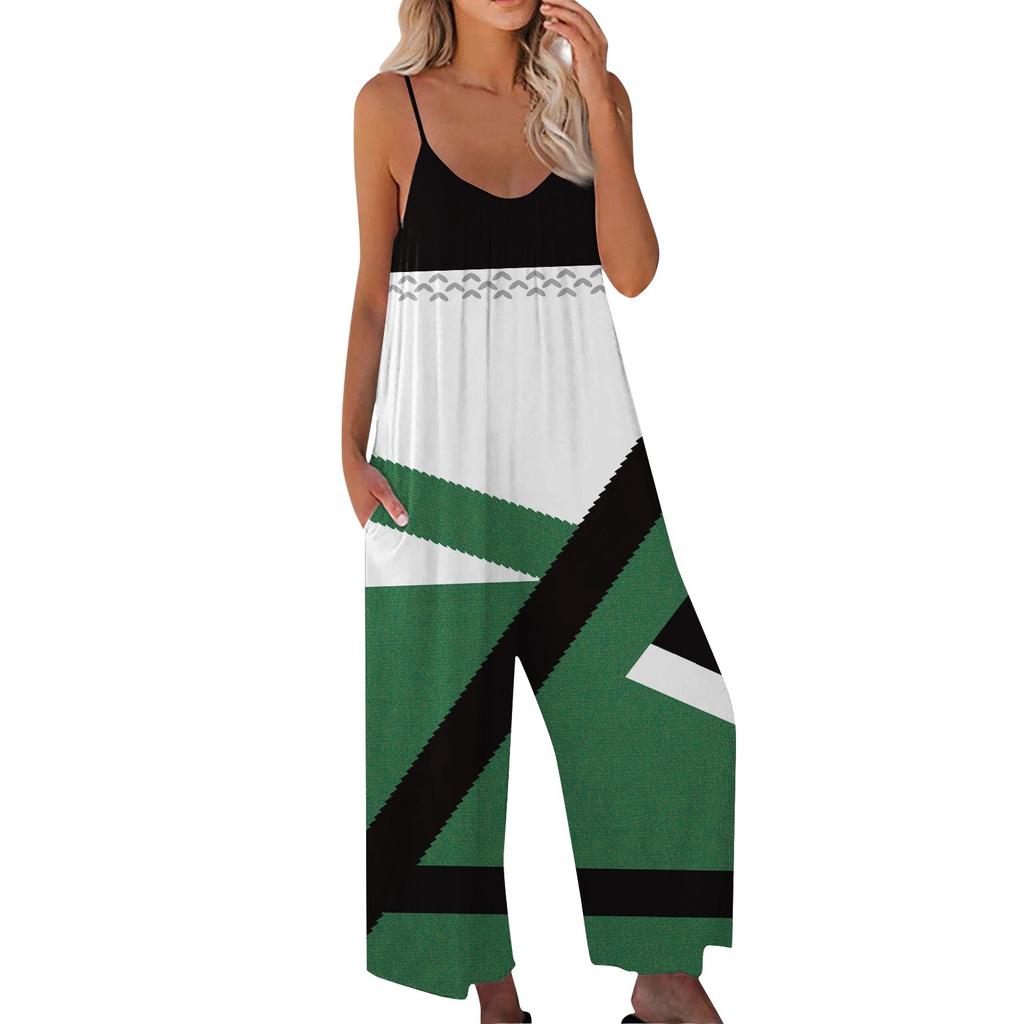 Damski modny swobodny kombinezon z nadrukiem patchworkowym, luźny kombinezon na szelkach