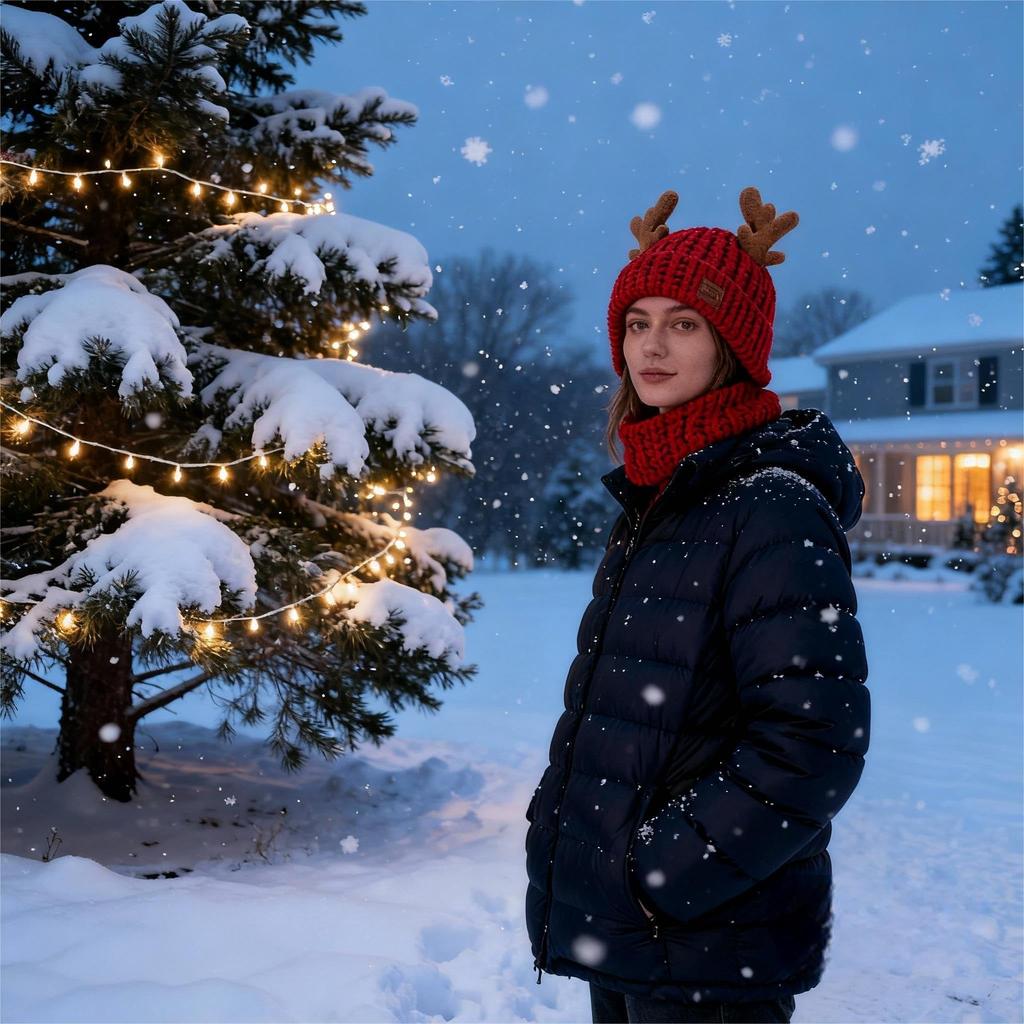 NUOLUX Women's Reindeer Antler Knit Hat, Warm Winter Hat, Christmas Hat, 56-62cm, Red