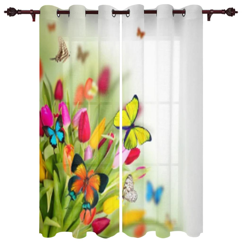 Spring Tulip Flower Plants Window Curtain Living Room Luxury Valance Curtain for Bedroom Home Kitchen Decor Curtain