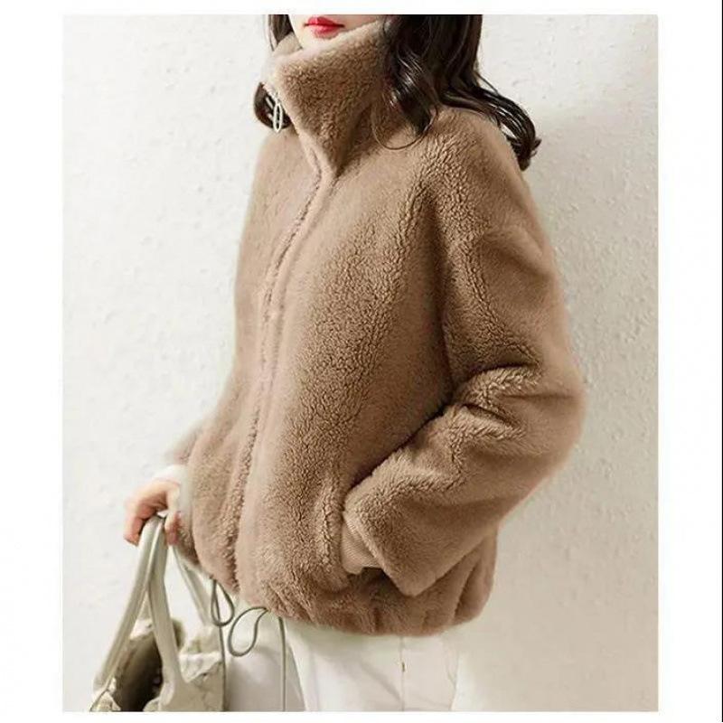 Thick quilted jacket, women's trendy insulated fleece sweatshirt, high neck, double-sided plush fabric with zipper closure, soft and warm