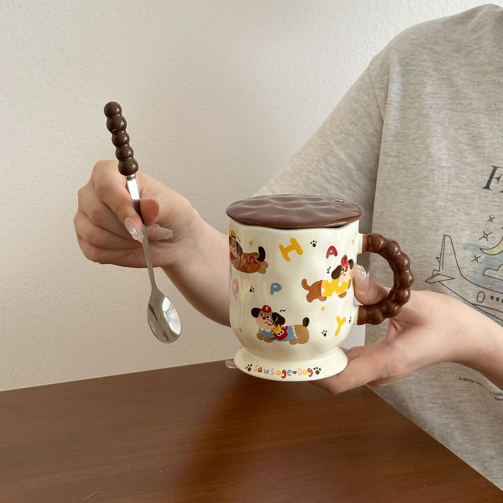 Cute Dachshund Dog Goblet Household Drinking Water Mug with Lid Spoon Office Ceramic Breakfast Coffee Milk Cup