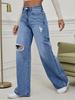 Puffanpop Jeans Rasgados para Mujer Lavado Retro Pantalones de Denim de Cintura Alta Jeans Rectos Sueltos Pantalones Boyfriend