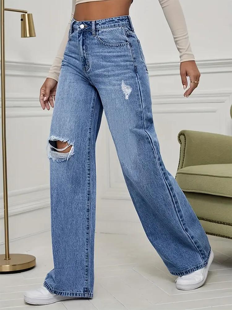 Puffanpop Jeans Rasgados para Mujer Lavado Retro Pantalones de Denim de Cintura Alta Jeans Rectos Sueltos Pantalones Boyfriend