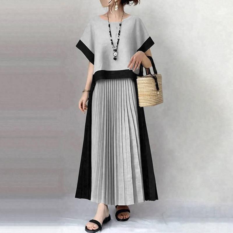 

ZANZEA Женская блузка с коротким рукавом и длинные юбки, повседневные комплекты из двух частей S серый