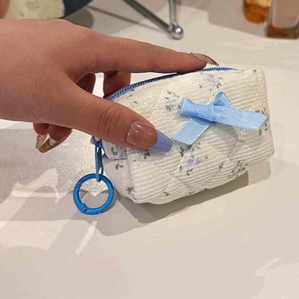 Embroidered Bowknot Quilted Cosmetic Pouch Floral Print Small Coin Purse Teenage Girls
