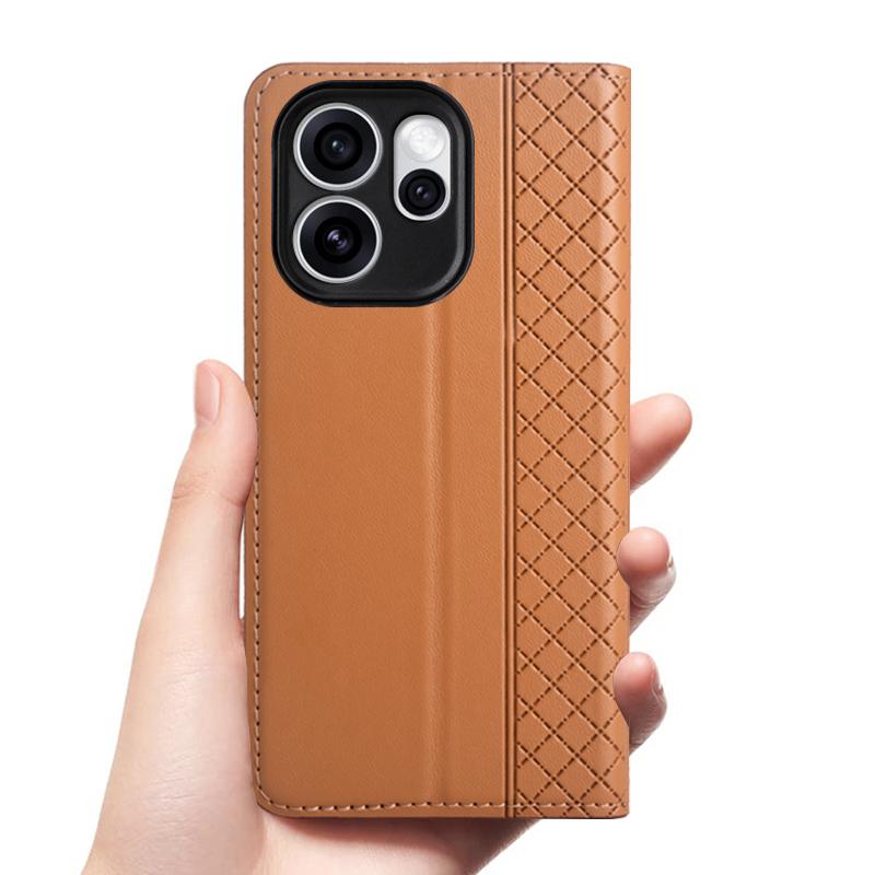 Etui z klapką do OPPO Reno 15 15F Reno15 Pro Max 5G Prawdziwa skóra Magnetyczne Etui Wzór kratki ze skóry bydlęcej Portfel z kieszonkami na karty Etui