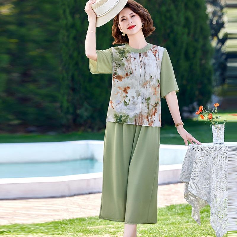 

Summer Chiffon Short-Sleeve Set for Middle-Aged Women - Fashionable Printed Outfit 4XL (130-145 jin)