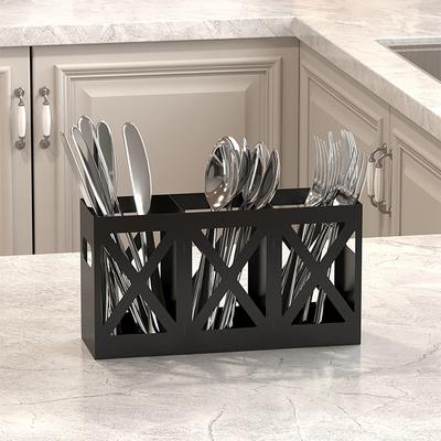 Utensil Holder for Kitchen Countertop with 3 Compartments Carbon Steel Storage Organizer for Spoons Forks Chopsticks
