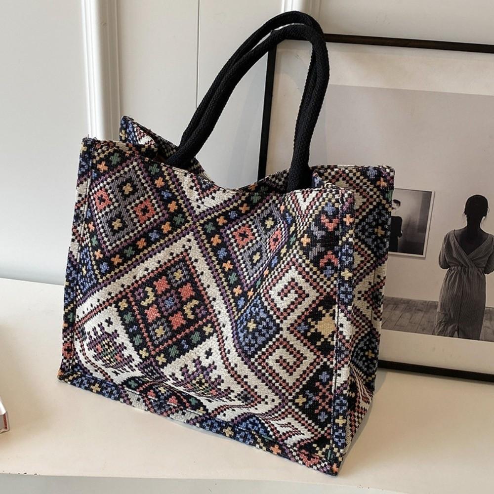 Versatile Ethnic Style Tote Bag Large Capacity Retro Handbag Organizer Canvas Casual Women's Shoulder Bag Female
