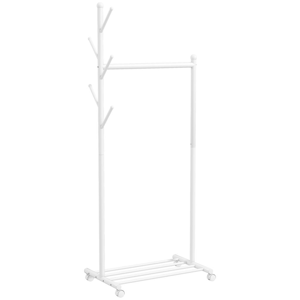 Coat Rack on Wheels with Shoe Shelf and 5 Hooks, 68x43x171cm, White