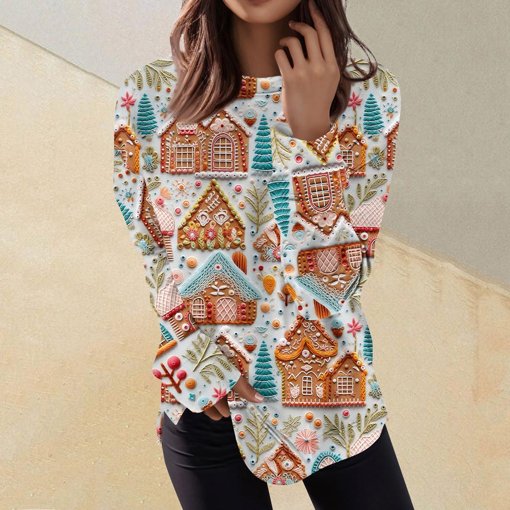 Pullover-Oberteil mit lässigem Modedruck für Damen, langärmelig, Rundhalsausschnitt